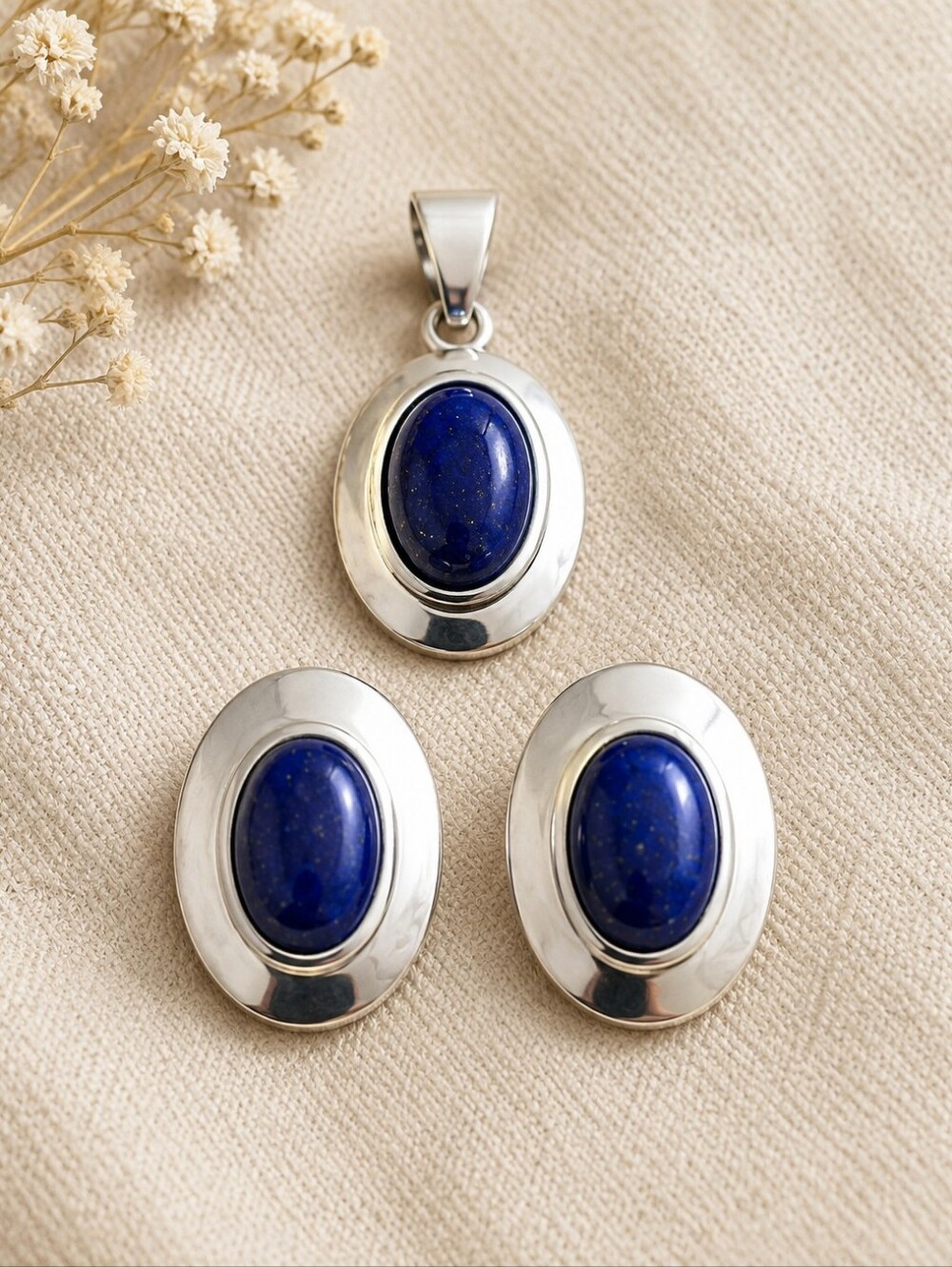 Vintage WS Sterling Silver Lapis-Style Blue Cabochon Pendant & Earrings Set